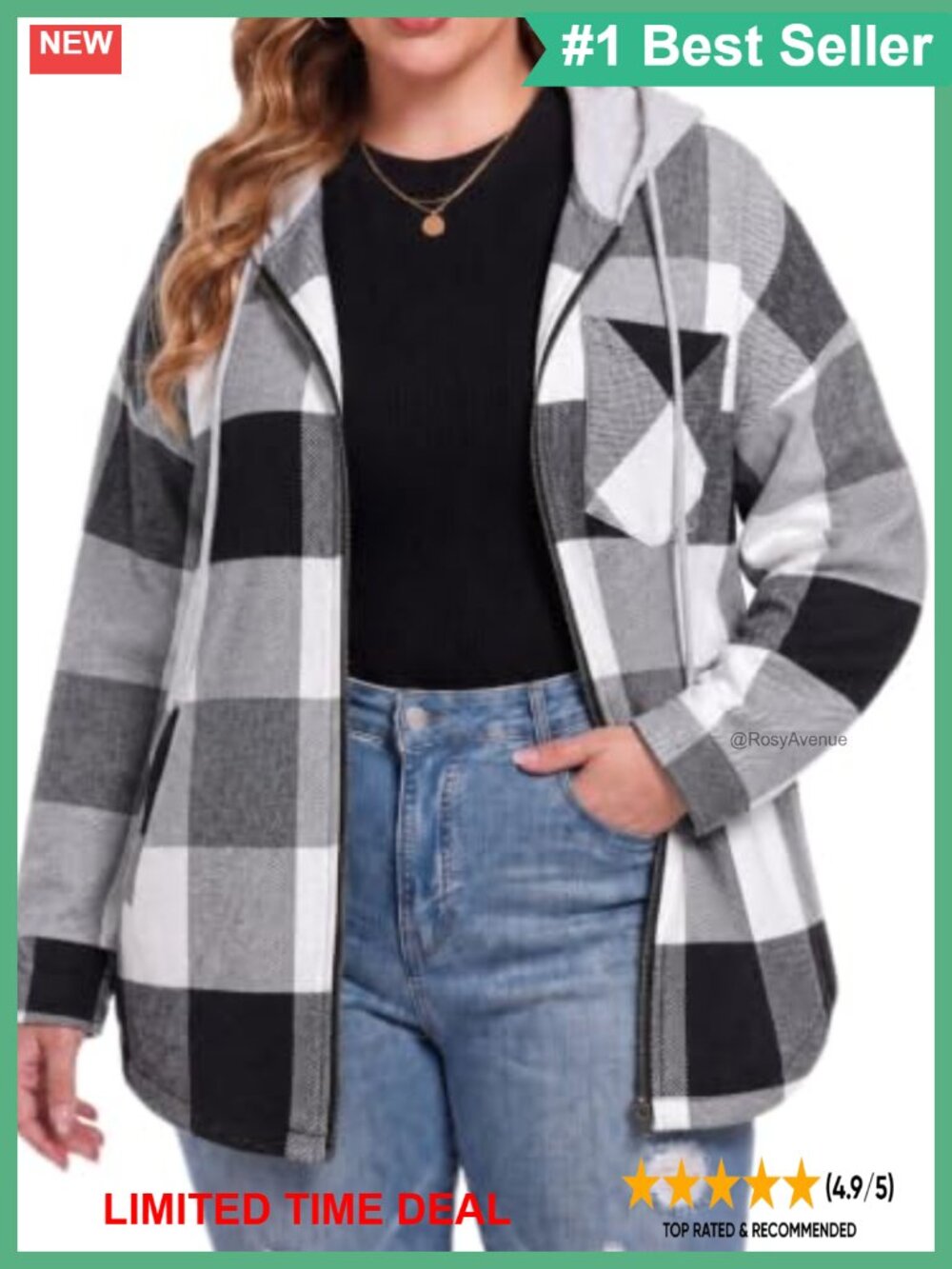 Plus Size Hooded Flannel Shacket Zip Up Plaid Jacket Relaxed Fit